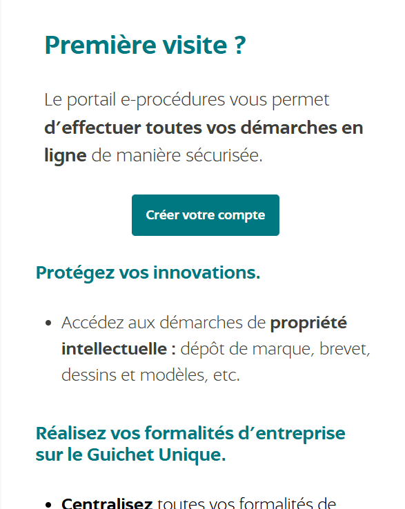 Page d'accueil du portail e-procédures INPI, bouton Créer votre compte