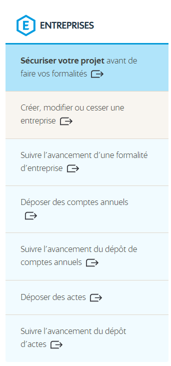 Menu Entreprises, avec l'option Créer, modifier ou cesser une entreprise