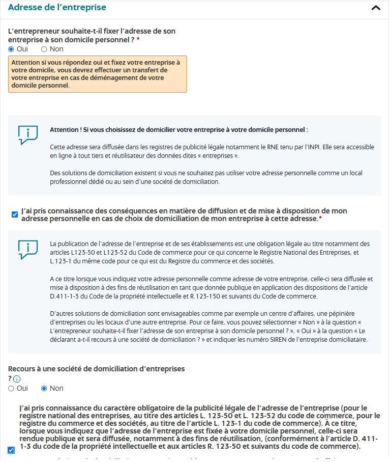 L'entrepreneur souhaite-t-il fixer l'adresse de son entreprise à son domicile personnel