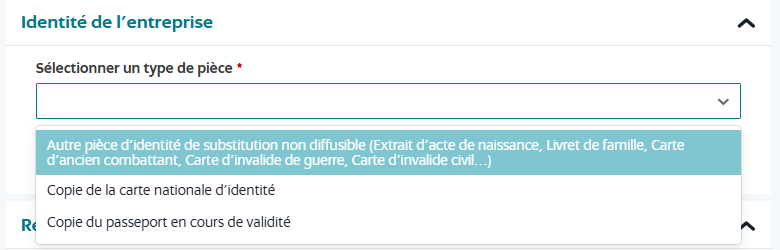 Sélection du type de pièce d'identité